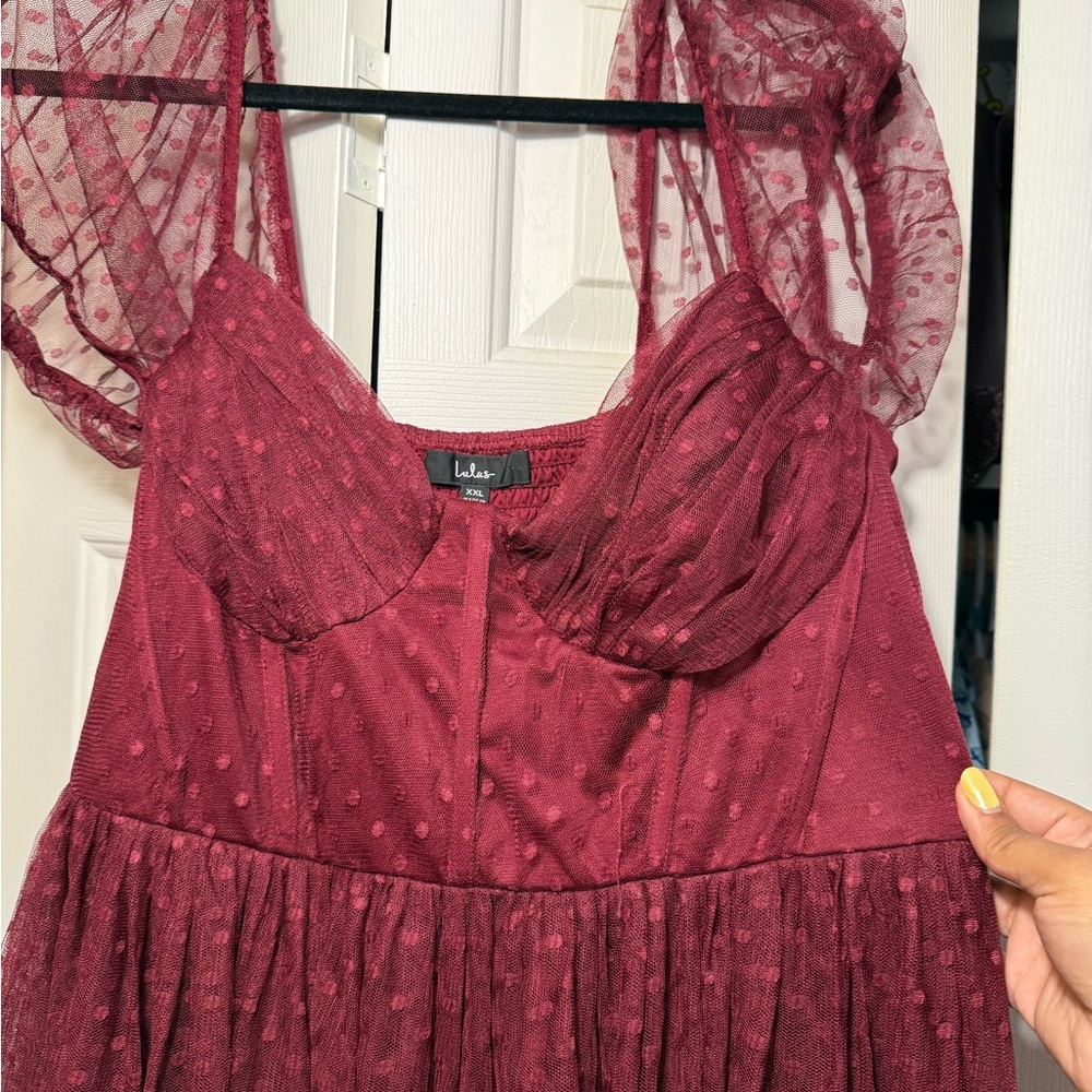 Lulu's Deep Red Tulle Dress with Textured Sleeves - Picture 2 of 7